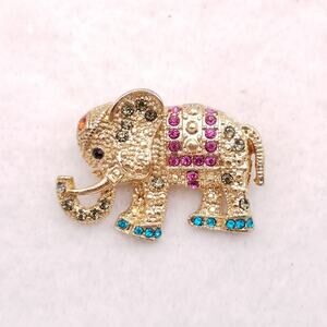 Elephant Brooch Gold Tone Multicolor Rhinestones Signed KC Headdress Regalia